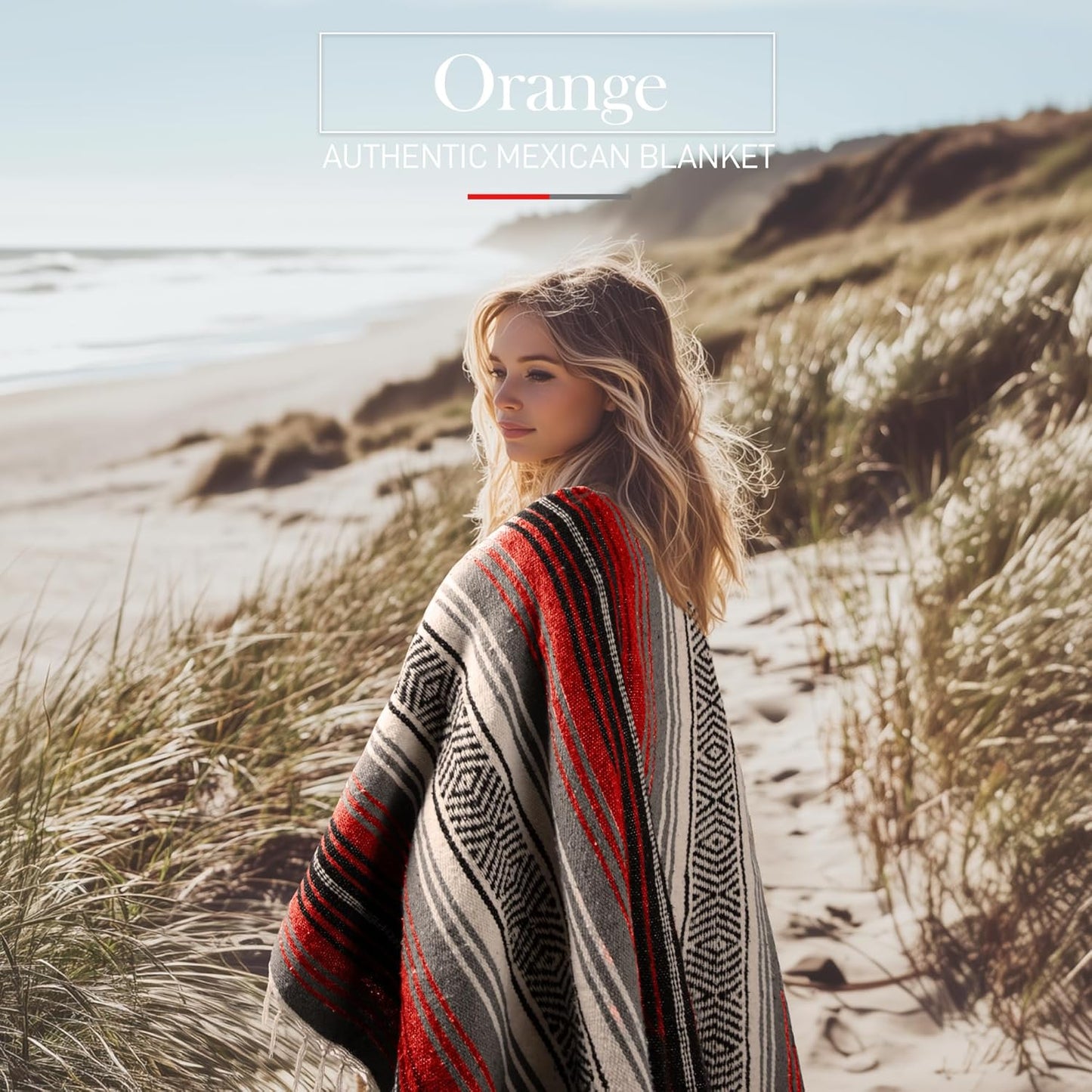 Hydration Nation Authentic Large Handwoven Mexican Blanket - Soft Yoga - Durable Serape - Lightweight Falsa, Beach, Camping, Picnic, Outdoor 70"x50" - Mandarin