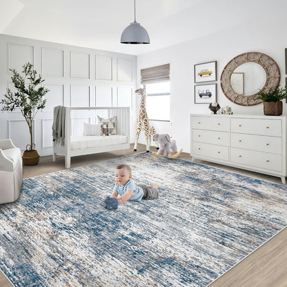 XLUEZ 8x10 Area Rugs for Living Room, Washable Modern Abstract Large Area Rug Neutral Soft Non Slip Kids Rug Stain Resistant Indoor Carpet for Bedroom Nursery Dining Children's Room(Blue, 8'x10')
