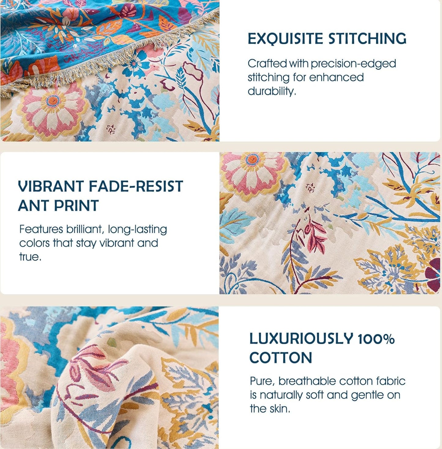 Boho Throw Blanket - 100% Cotton Soft Summer Throw Blanket for Bed, 50"x60" Reversible Breathable Lightweight Blankets, All Seasons Farmhouse Decor Floral Plant Butterfly Throw Quilt