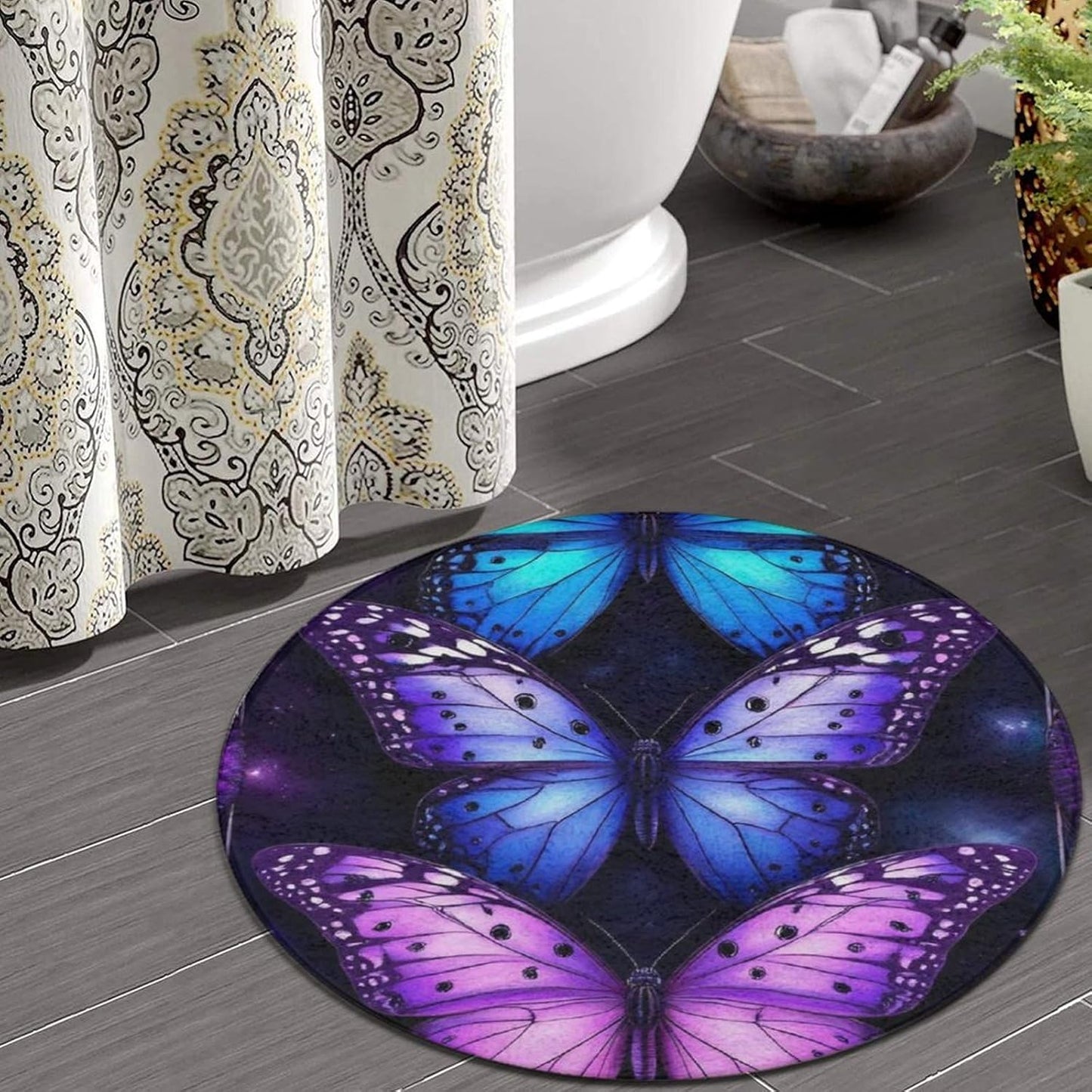 Soft Round Yoga Carpet, Office Chair Decor Round Mat for Carpet and Hardwood Floors Purple Butterfly