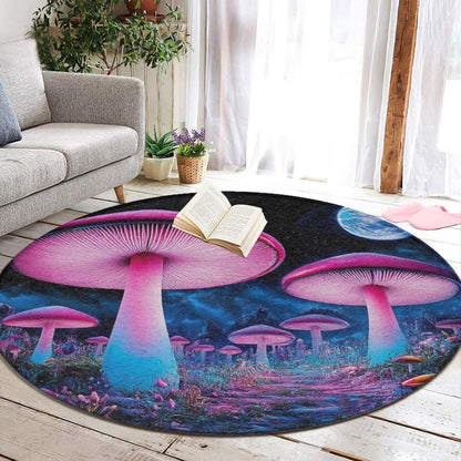 Machine Washable Modern Round Area Rug, Room Sofa Yoga Soft Round Carpet, Home Decor Non Slip Kitchen Office Circle Rug Trippy Rainbow Mushroom Tie Dye Art, 60inch