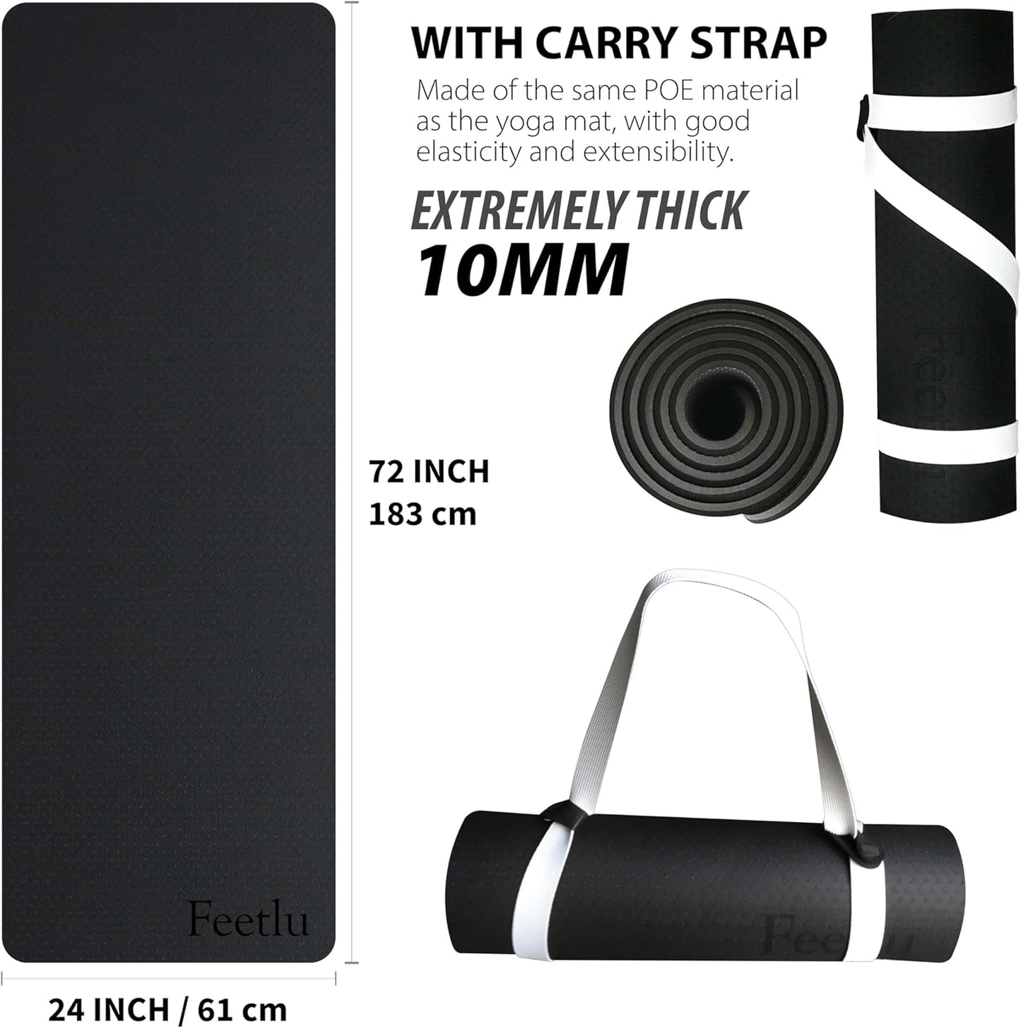 Yoga Mat with Strap – 10mm & 12mm Thick Yoga Mat, Non-Skid Dual Surface Workout Mat, Eco-Friendly POE Yoga Mats for Women Men Kids, Perfect Exercise Mat for Pilates, Yoga, and Floor Workouts, Includes Carrying Strap.