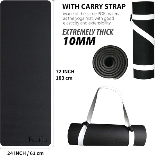 Yoga Mat with Strap – 10mm & 12mm Thick Yoga Mat, Non-Skid Dual Surface Workout Mat, Eco-Friendly POE Yoga Mats for Women Men Kids, Perfect Exercise Mat for Pilates, Yoga, and Floor Workouts, Includes Carrying Strap.