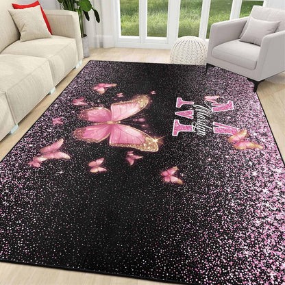 Personalized Family Name Initials Monogram Pink Rug, Shining Butterfly Printed Carpets for Girls Kids Butterfly Theme Living Room Indoor Bedroom Decor 5'×7' Soft Polyester Yoga Mat