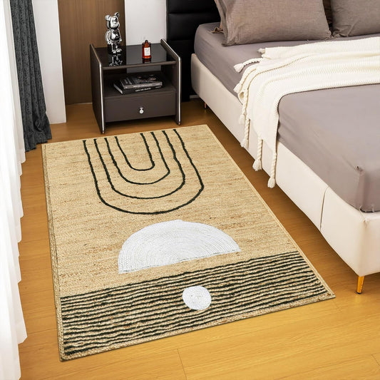 Area Rugs for 2x3 Area Rug Flatweave Kilim Rug Beige Black Design Hand Braided Jute Thick 0.27" Geometric Pattern Sisal Handmade Boho Jute Indoor Outdoor Use Rugs for Bedside, Kitchen, Yoga Mat - Colors B
