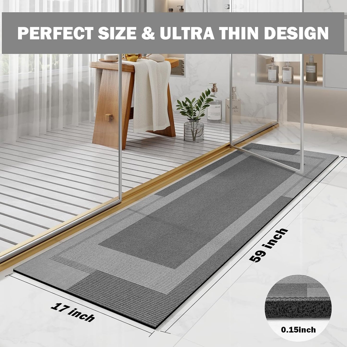 YDKGL Non Slip Long Bath Mat Bathroom Runner, Rubber Backing Ultra Thin Bathroom Rugs Fit Under Door Quick Dry Super Absorbent Washable Bath Rug Shower Mat for Bathtub Sink Floor, Dark Gray 17"x47"