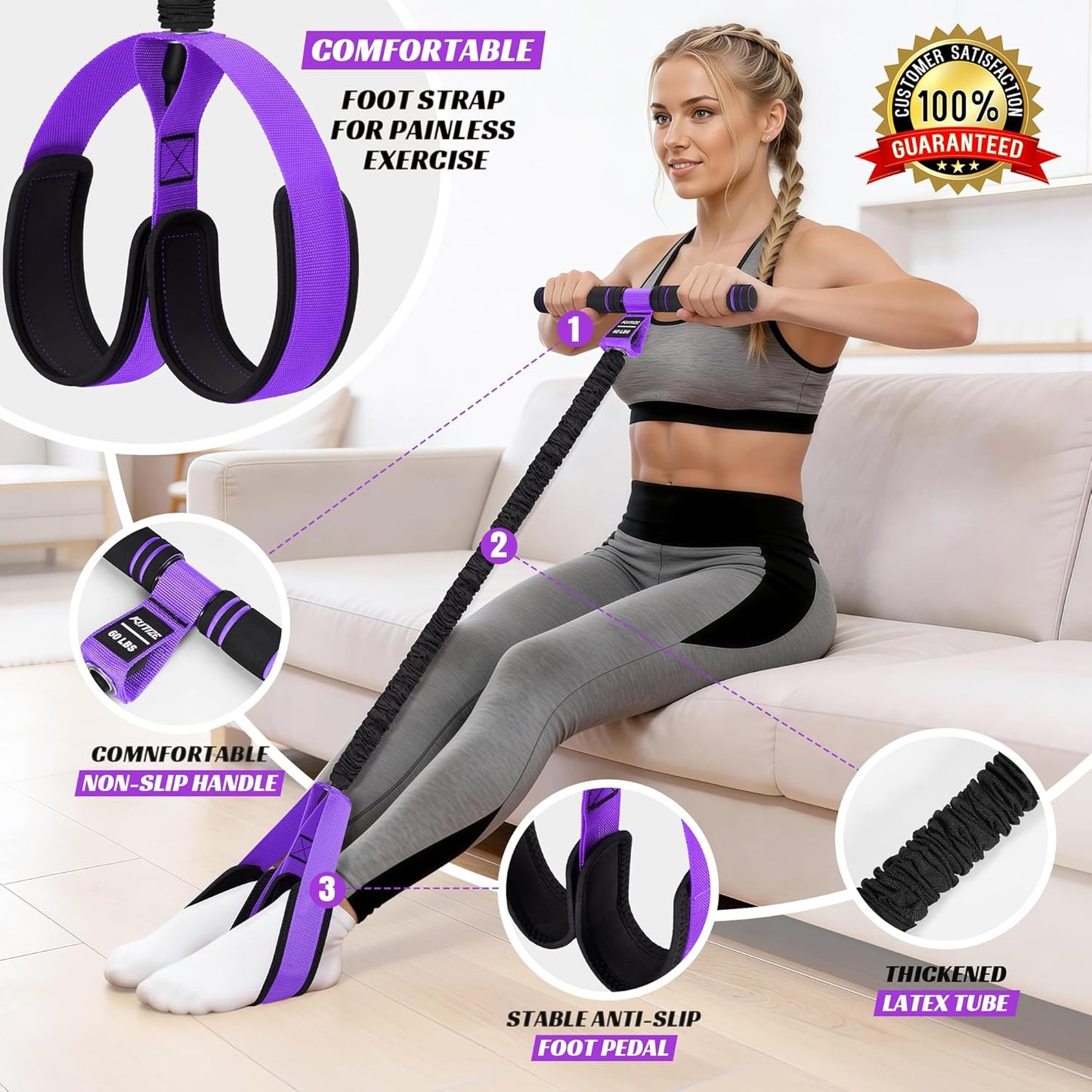 KUTIZE Multifunction Pedal Resistance Band with Handle, Upgraded Exercise Equipment with Soft Foot Pedal for Sit Up & Full-Body Home Gym Workouts, Core/ABS Training, Pilates, Yoga & Physical Therapy
