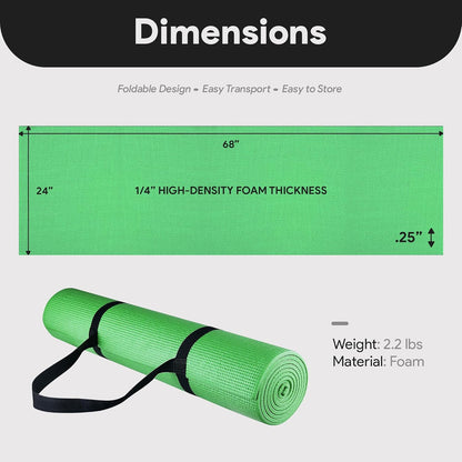 Fitvids All Purpose 1/4-Inch High Density Anti-Tear Exercise Yoga Mat with Carrying Strap, Multiple Colors