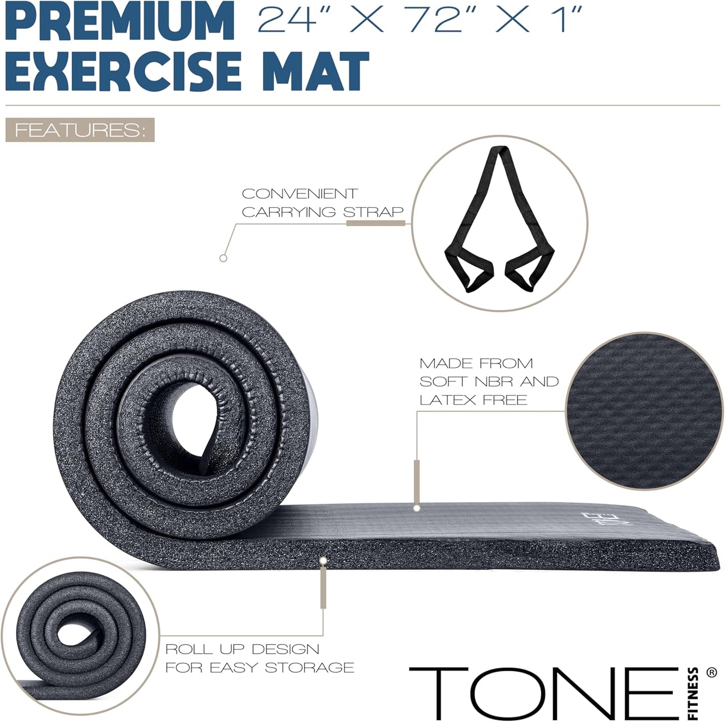 Tone Fitness 1-Inch Thick Yoga Mat | High-Density, Non-slip Exercise Mat with Carrying Strap for Yoga, Pilates, & Home Gym Workouts | Multiple Options