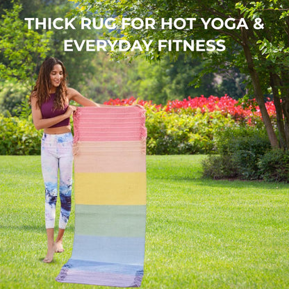 Indian Handmade100 % Organic Anti Skid Multi Colour Cotton Yoga Mat - Eco-Friendly Hand-Woven Rug - Non-Slip & Thick (24”x72”x5mm) for Hot yoga & Everyday Fitness at Home - Comfortable & Foldable Extra-Long Mat