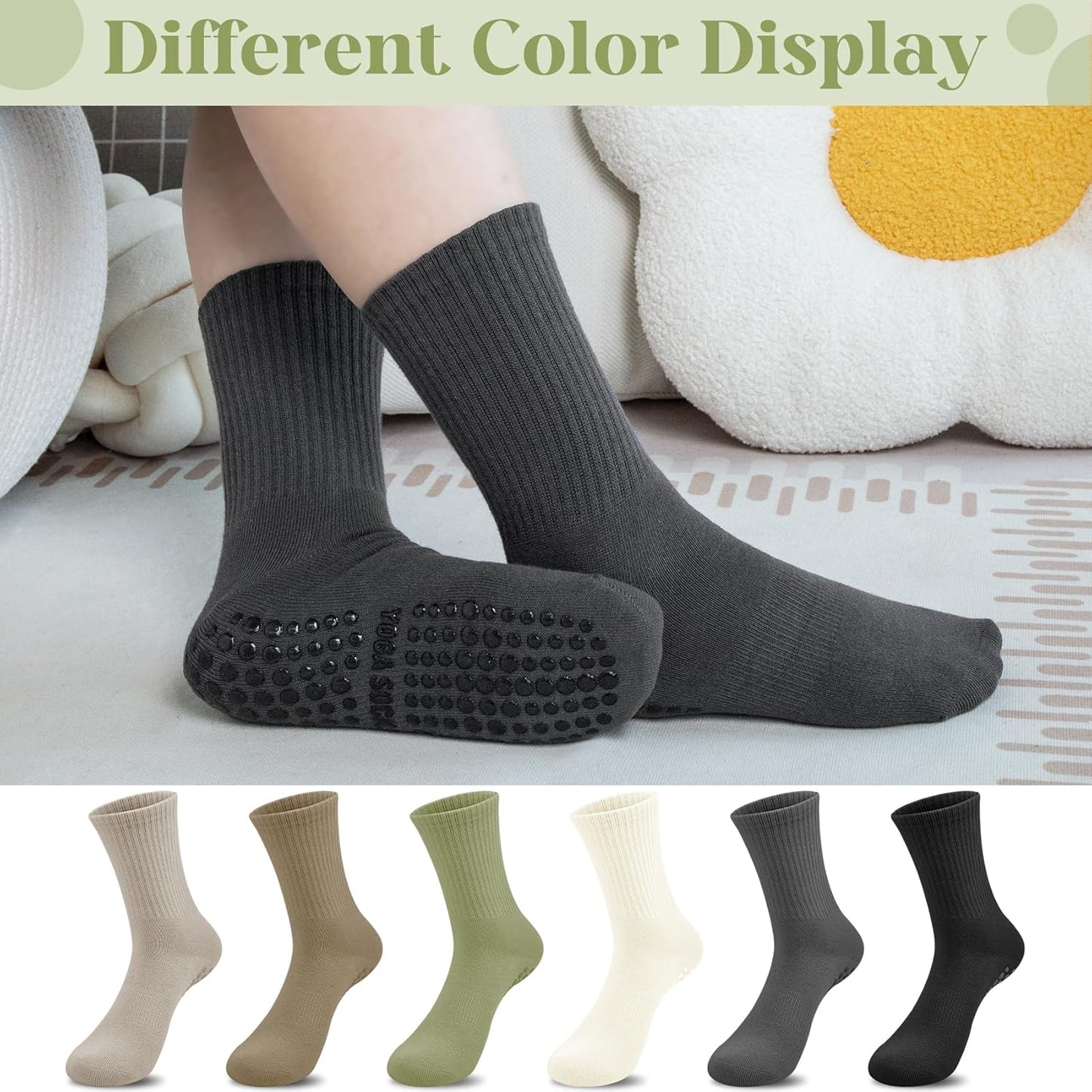 Justay 6 Pairs Pilates Socks with Grips for Women Soft Non Slip Crew Cotton Athletic Workout Barre Hospital Yoga Socks