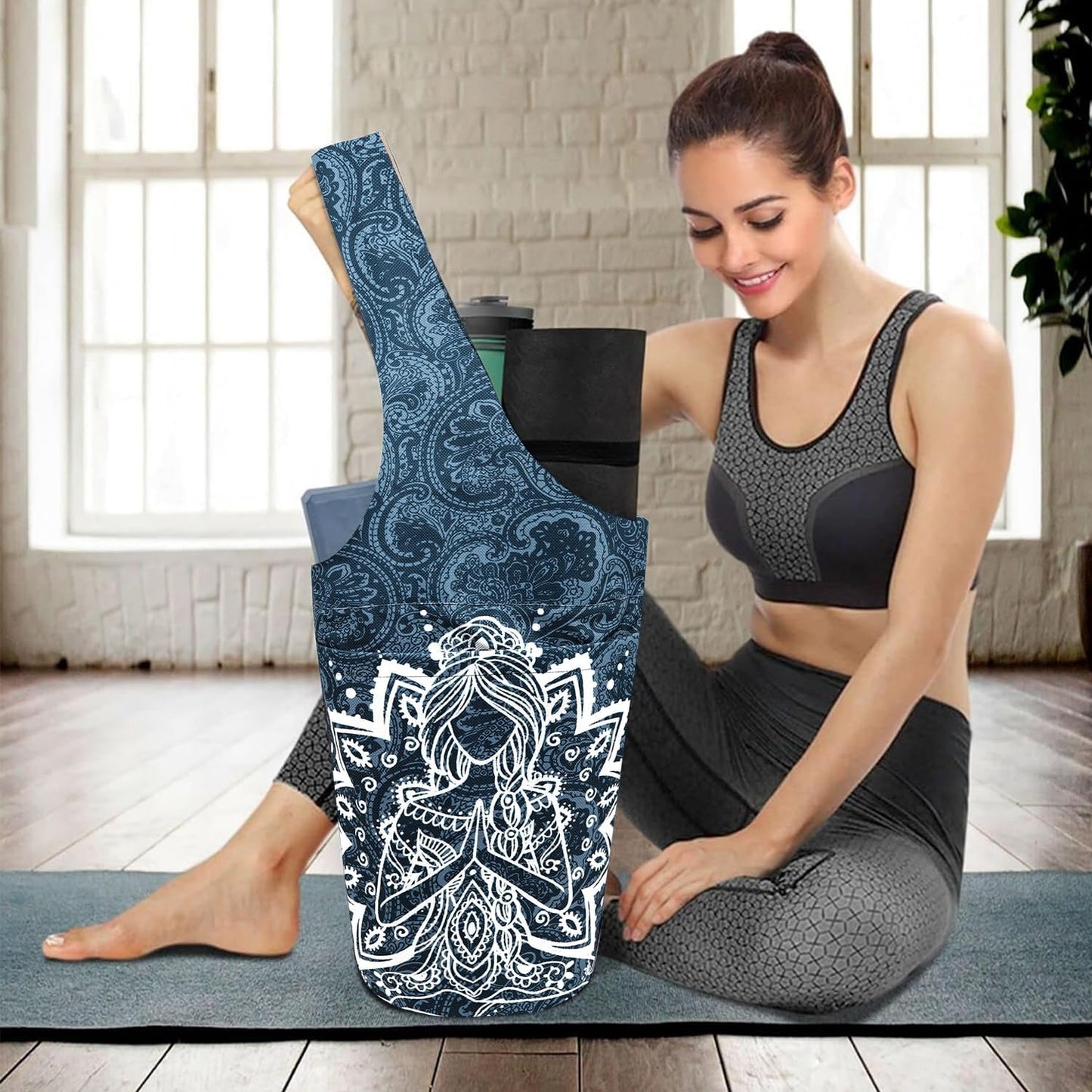 Yoga Mat Bag Carrier for Women with Side Large Pocket Durable Linen Workout Gym Travel Storage Pilates Mats