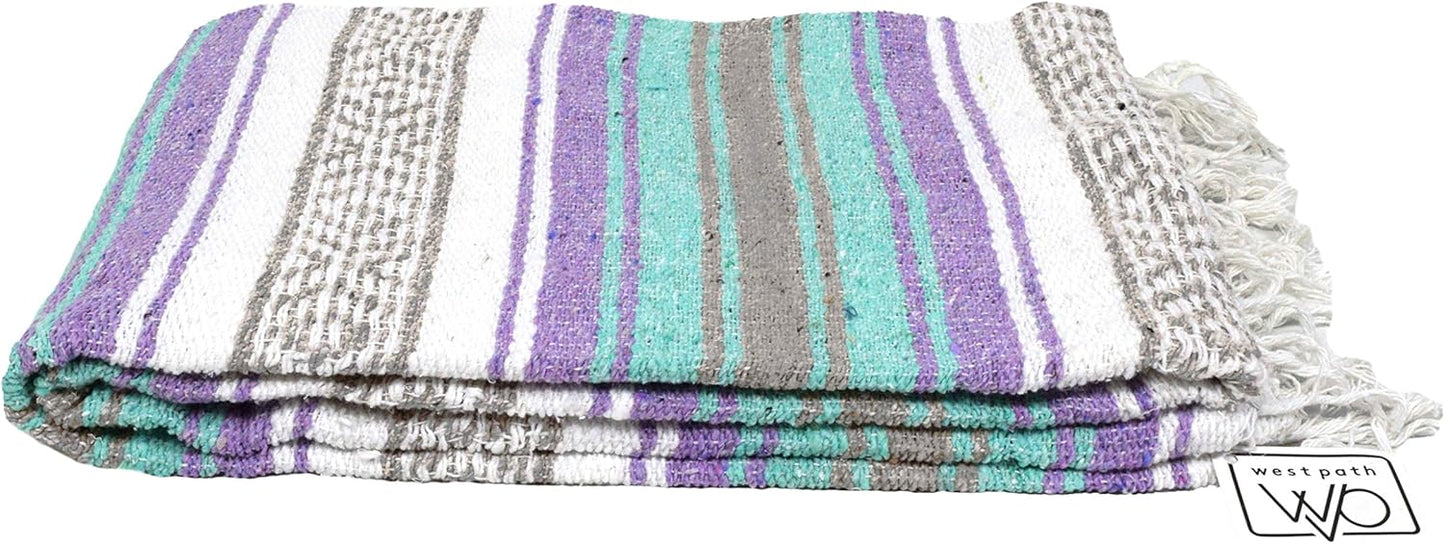 Open Road Goods Multi Color Mexican Falsa Blanket - Handwoven in Mexico - Great for The Beach, Picnics, Yoga, or a Throw! (Mint/Purple)