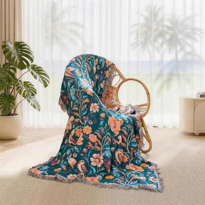 Boho Throw Blanket - 100% Cotton Soft Summer Throw Blanket for Bed, 50"x60" Reversible Breathable Lightweight Blankets, All Seasons Farmhouse Decor Floral Plant Butterfly Throw Quilt