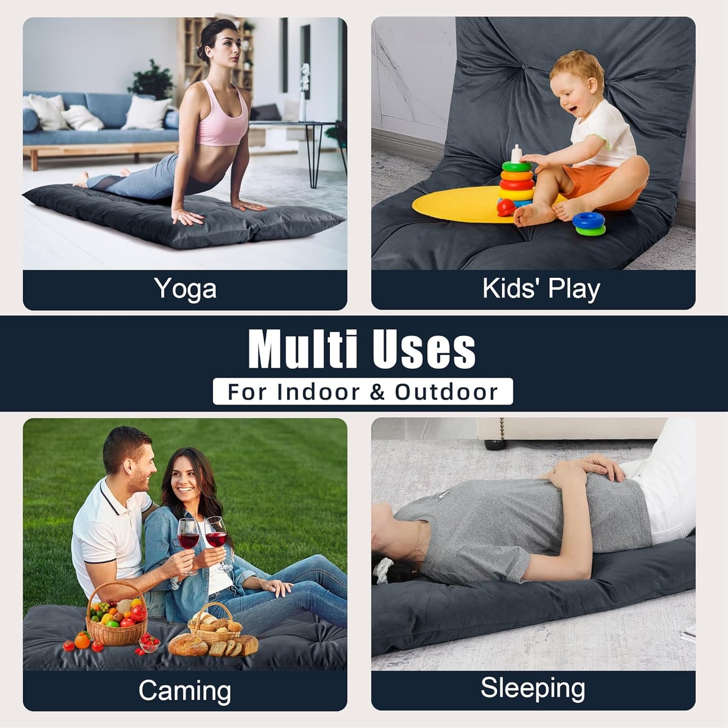 HOMBYS Floor Lounger Pillow Foldable and Tufted Design Long Floor Cushion for Yoga, Reading, Sleeping, Meditation, Elastic Band for Roll Up and Easy Storage, Machine Washable, Dark Grey, 74"x27"