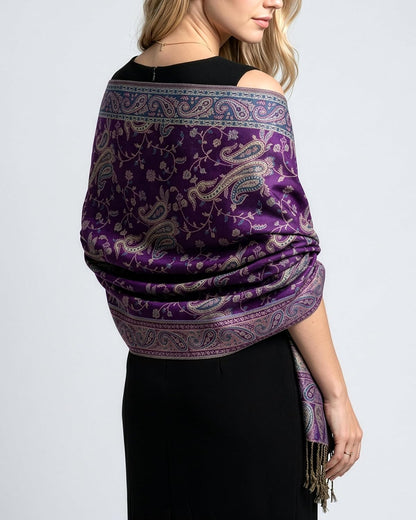 Achillea Reversible Paisley Pashmina Rave Scarf – Exotic Indian Shawls and Wraps for Evening Dresses, Festivals, All Seasons - Colors A