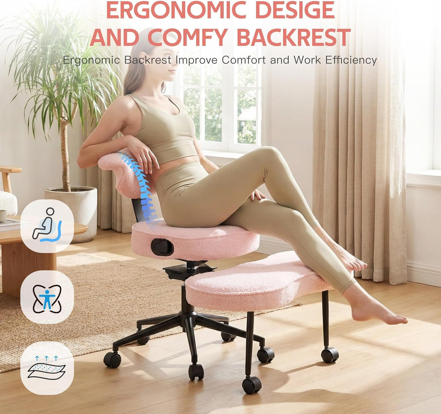 Garvee Ergonomic Cross Legged Office Chair with Lumbar Support, 360° Swivel Meditation Chair with Wheels - Adjustable Height for ADHD Desk & Yoga, Wide Criss Cross Chair, Kneeling Chair for Home, Pink