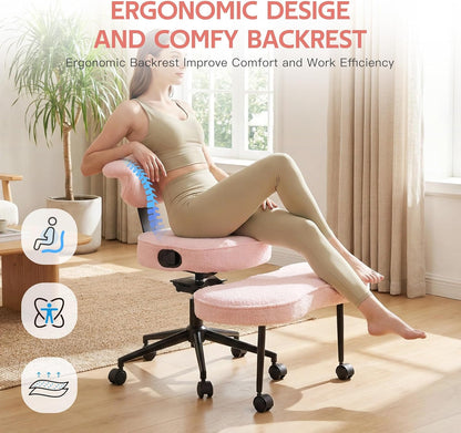 Garvee Ergonomic Cross Legged Office Chair with Lumbar Support, 360° Swivel Meditation Chair with Wheels - Adjustable Height for ADHD Desk & Yoga, Wide Criss Cross Chair, Kneeling Chair for Home, Pink