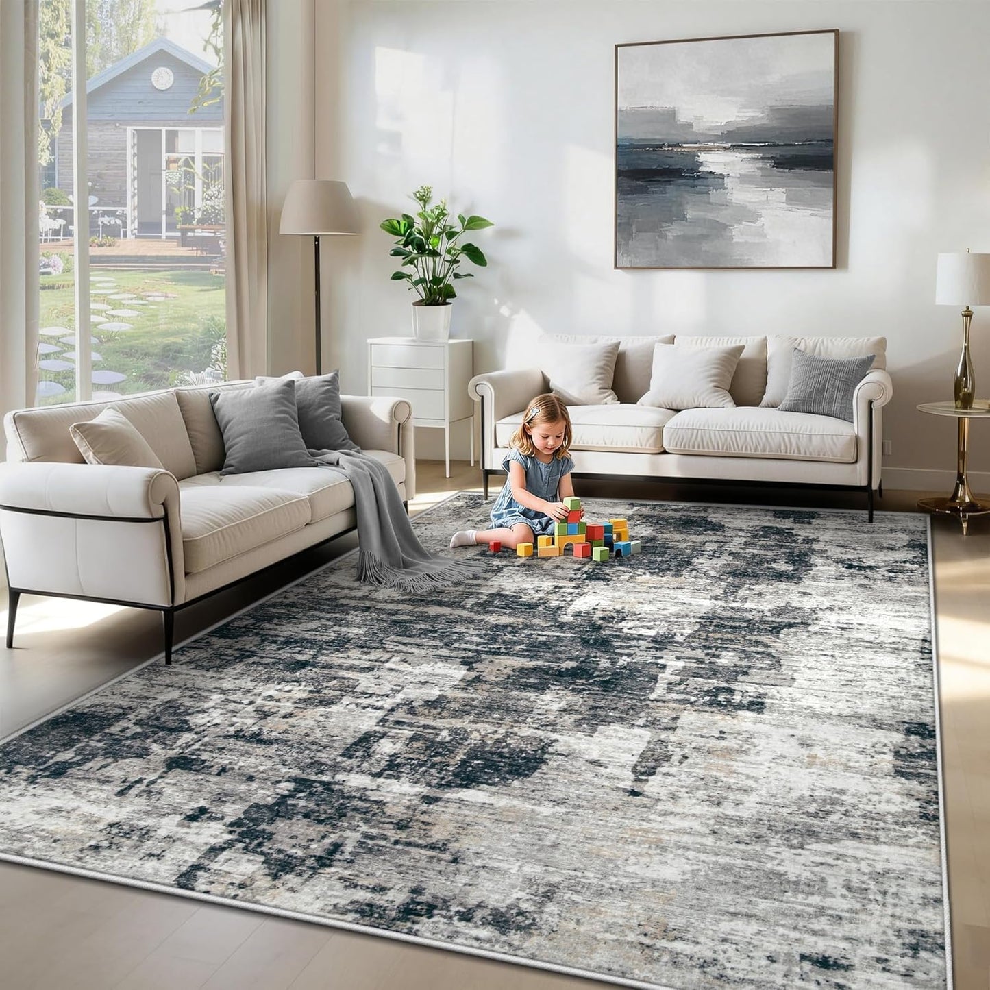 XLUEZ 8x10 Area Rugs for Living Room, Washable Modern Abstract Large Area Rug Neutral Soft Non Slip Kids Rug Stain Resistant Indoor Carpet for Bedroom Nursery Dining Children's Room(Blue, 8'x10')