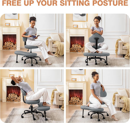 AtHope Cross Legged Office Chair, Criss Cross Desk Chair ADHD Meditation Kneeling Yoga Seat with Adjustable Height, Lumbar Support, Wider Footrest and Wheels (Black)