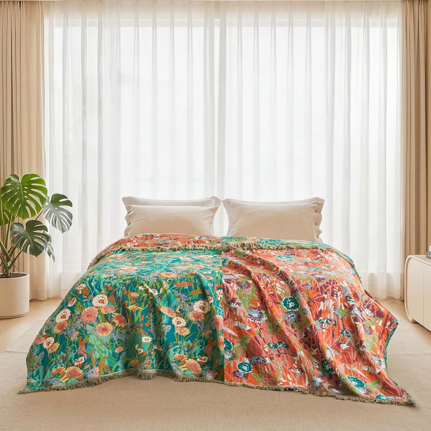 Boho Throw Blanket - 100% Cotton Soft Summer Throw Blanket for Bed, 50"x60" Reversible Breathable Lightweight Blankets, All Seasons Farmhouse Decor Floral Plant Butterfly Throw Quilt