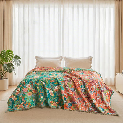 Boho Throw Blanket - 100% Cotton Soft Summer Throw Blanket for Bed, 50"x60" Reversible Breathable Lightweight Blankets, All Seasons Farmhouse Decor Floral Plant Butterfly Throw Quilt