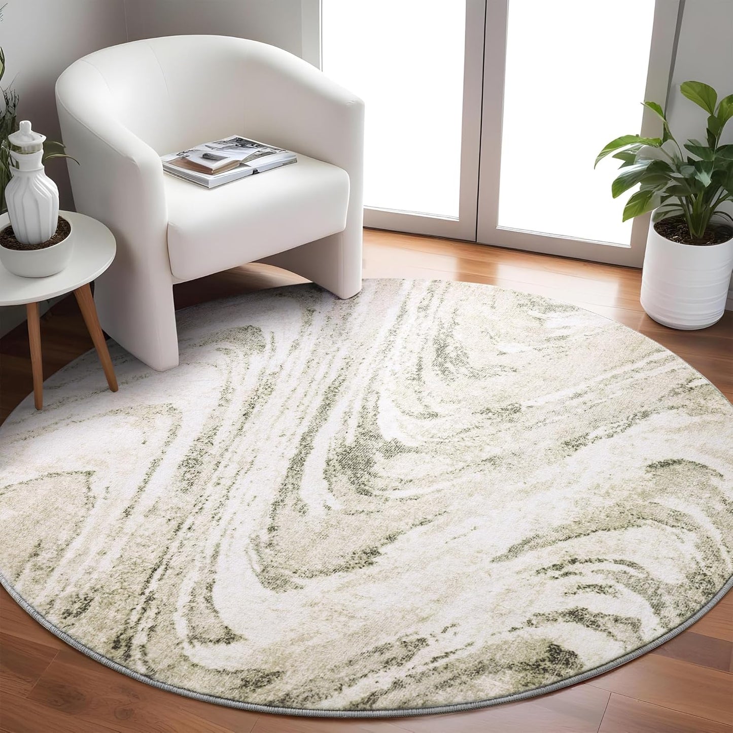 Carvapet 4ft Washable Round Rugs, Modern Abstract Circle Rug, Non Slip Rubber Backing Foldable Low Pile Carpet for Living Room Bedroom, 4ft Red/Orange Rug
