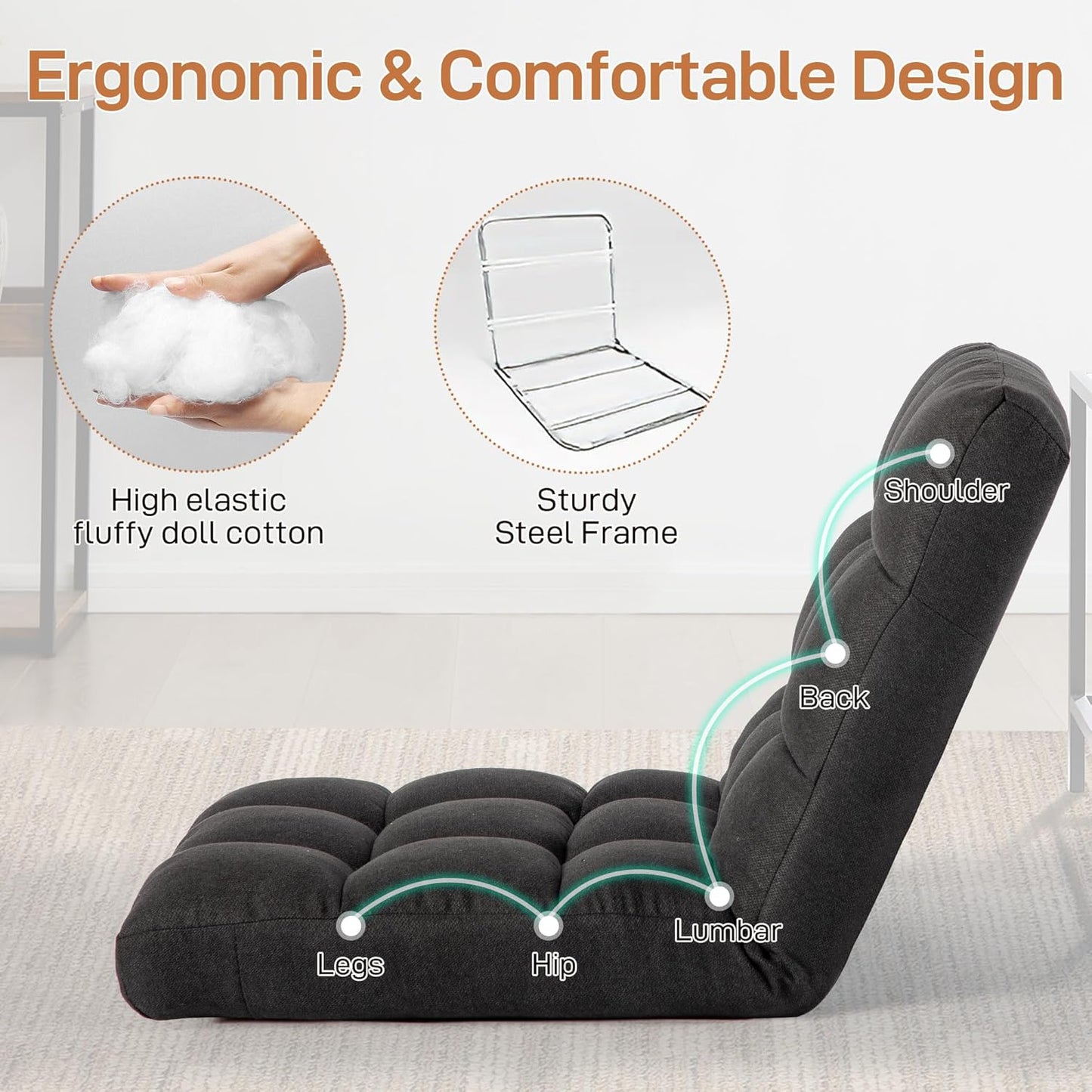 Floor Chair with Back Support Folding Chair with 6 Adjustable Position, Padded Sleeper Bed, Floor Gaming Chair, Meditation Chair for Adults