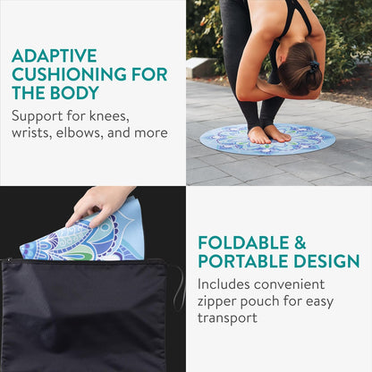 Navaris Round Yoga Mat - Compact Meditation Mat with Unique Pattern - For Yoga Skipping Pilates & Headstands - Includes Zipper Pouch - Small Jump Rope Mats Outdoor - Lotus