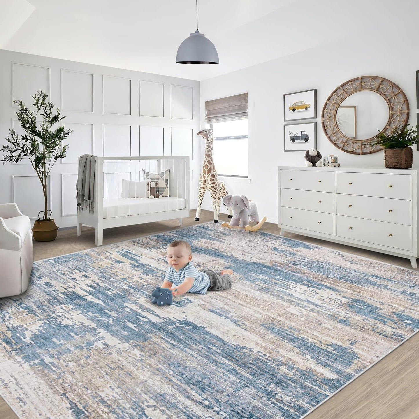 XLUEZ 8x10 Area Rugs for Living Room, Washable Modern Abstract Large Area Rug Neutral Soft Non Slip Kids Rug Stain Resistant Indoor Carpet for Bedroom Nursery Dining Children's Room(Blue, 8'x10')