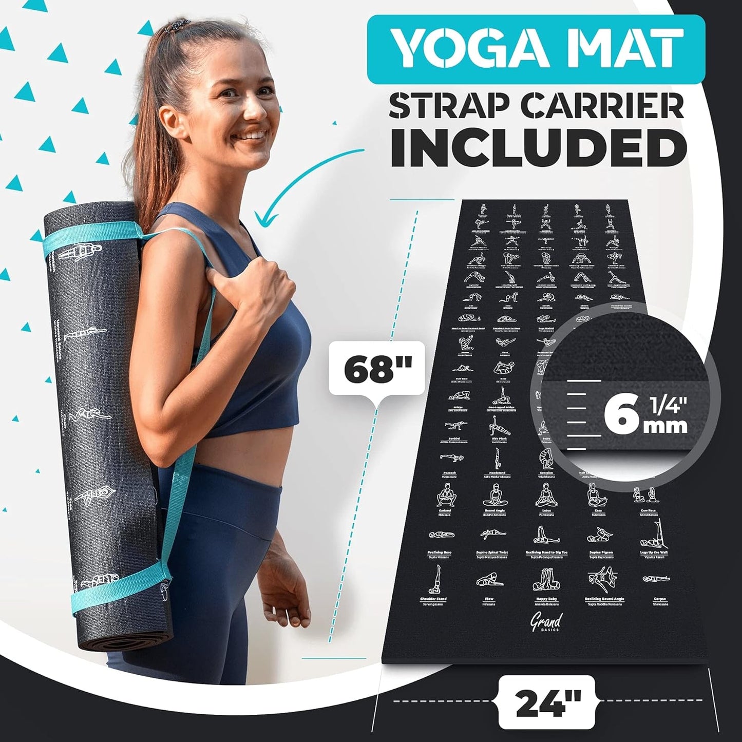 Instructional Yoga Mat with Carrying Strap: Cute Yoga Mat with 75 Illustrated Yoga Poses + 75 Easily-Followed Stretching Exercises - 1/4” Thick, Non-Toxic, Non-Slip Yoga Mats for Women and Men
