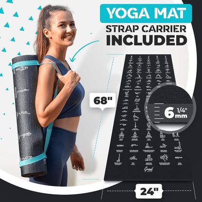 Instructional Yoga Mat with Carrying Strap: Cute Yoga Mat with 75 Illustrated Yoga Poses + 75 Easily-Followed Stretching Exercises - 1/4” Thick, Non-Toxic, Non-Slip Yoga Mats for Women and Men