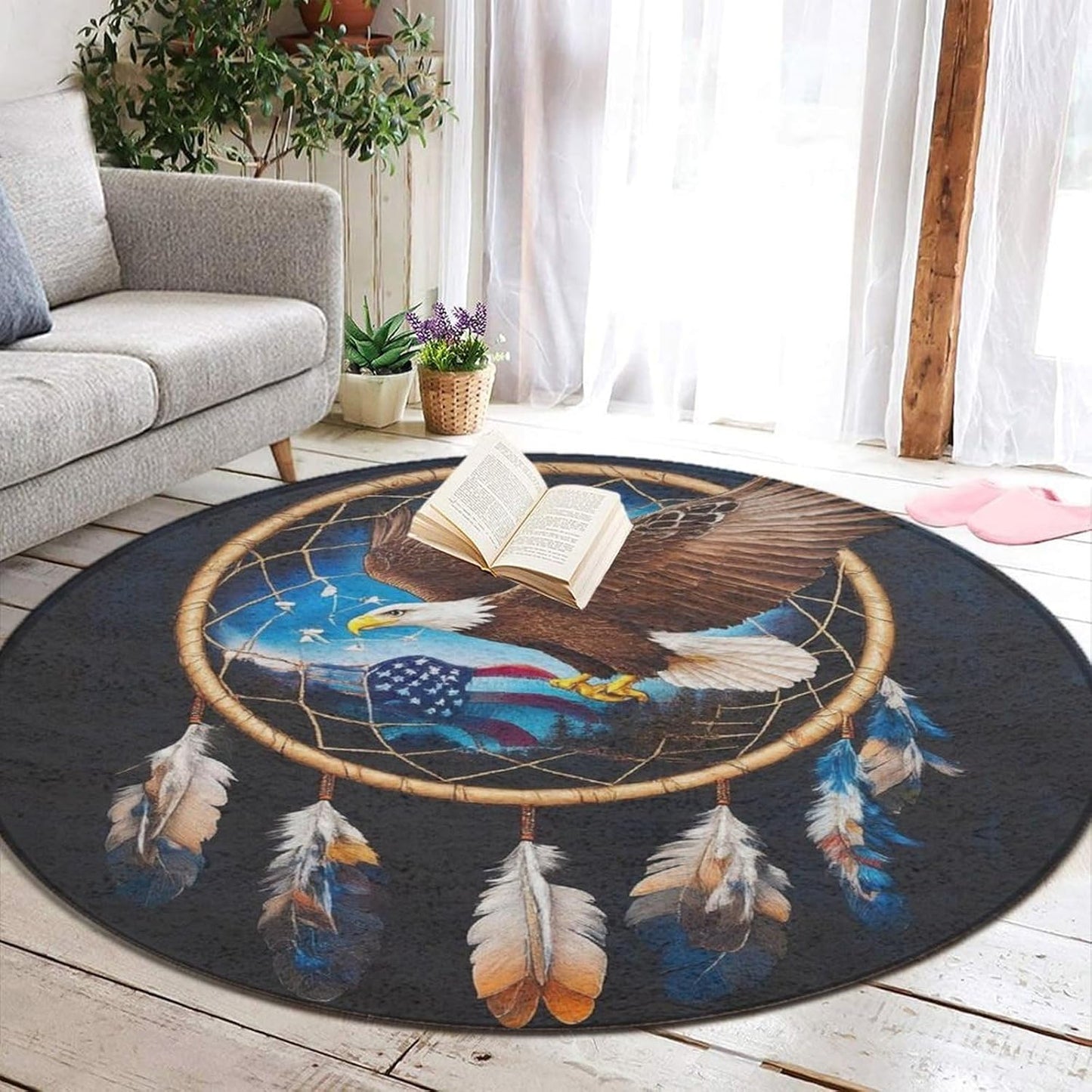 Machine Washable Modern Round Area Rug, Room Sofa Yoga Soft Round Carpet, Home Decor Non Slip Kitchen Office Circle Rug Union Jack Flag UK Mandala Art, 60inch