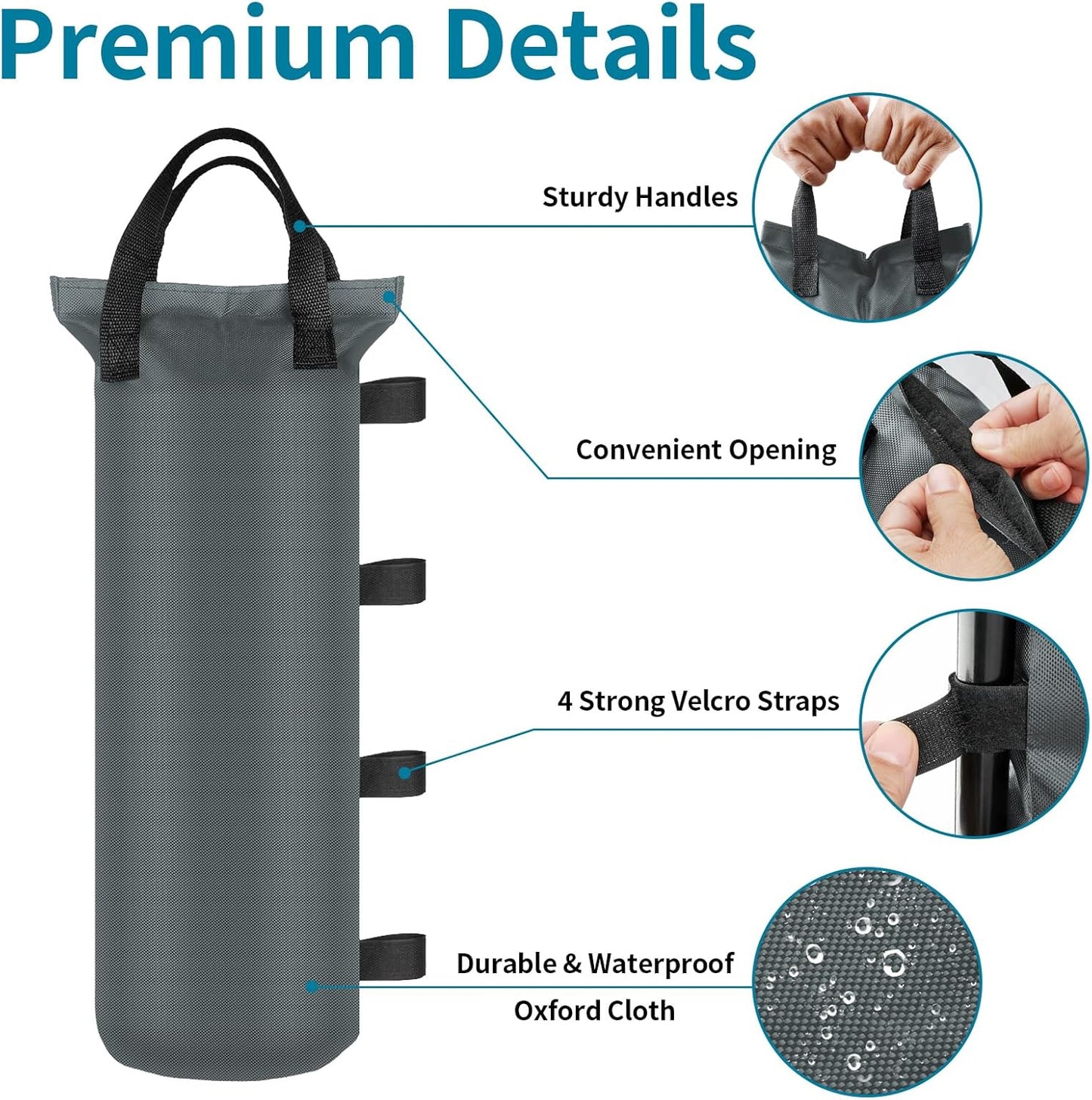 4 Sand Bags for Weight, Heavy Duty Sandbags for Canopy Legs, Extra Large Pop Up Tent Weights, Canopy Weight Bags for Gazebo, Outdoor Sun Shelter, Umbrella - Black, 6"×20", Without Sand