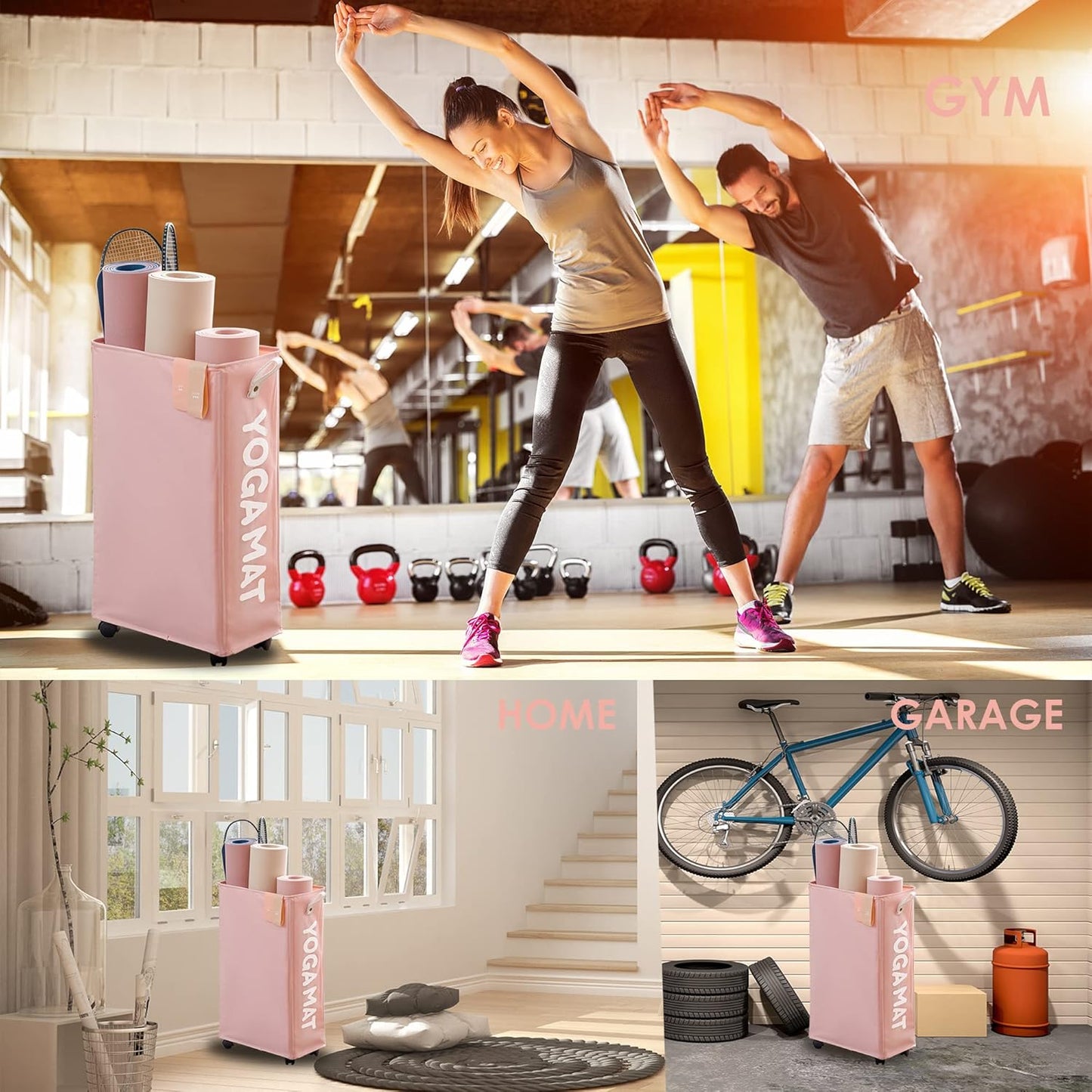 Caroeas Yoga Mat Storage Rack, Yoga Mat Holder Accessories, Home Gym Equipment Storage Yoga Mats, Women Men Workout Equipment Organization with Wheels
