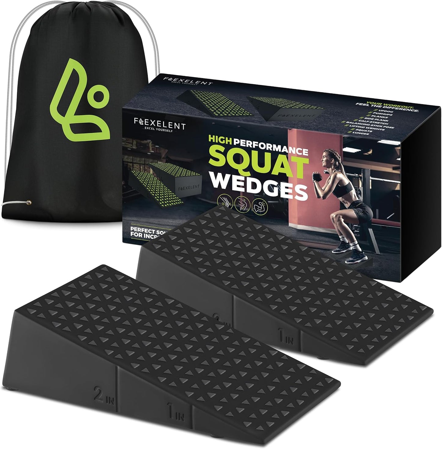 Flexelent Squat Wedge Block Pair - Heel Elevated Squat Wedge for Deeper Squats, Heavy Lifting and Better Form - 17° Angle Exercise Wedges, Slant Board for Squats with Carry Backpack