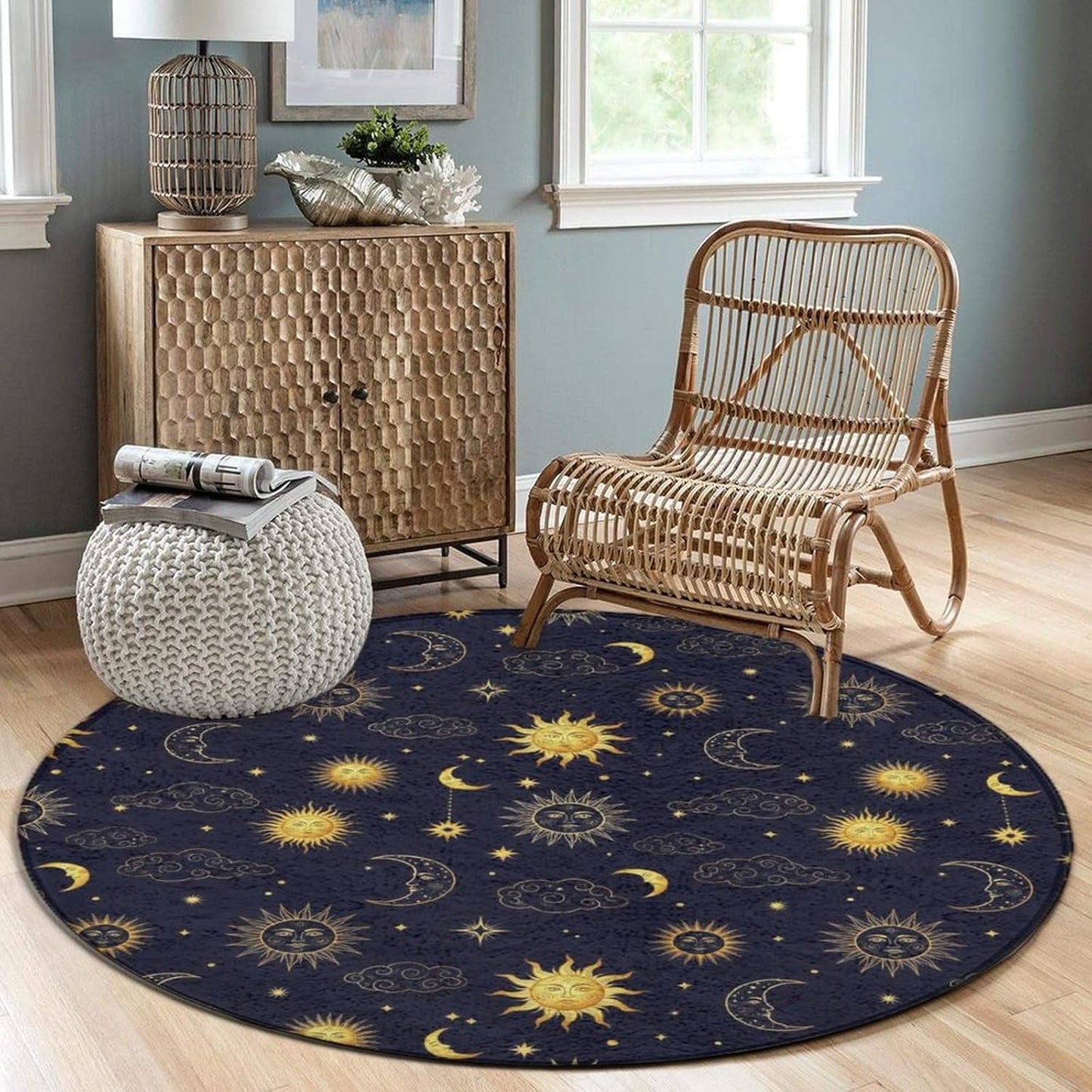 Soft Round Yoga Carpet, Large Home Decor Mat, Non-Slip Machine Washable Kitchen Office Circle Rug Compatible with Cool Norse Viking Vegvisir Runic Compass