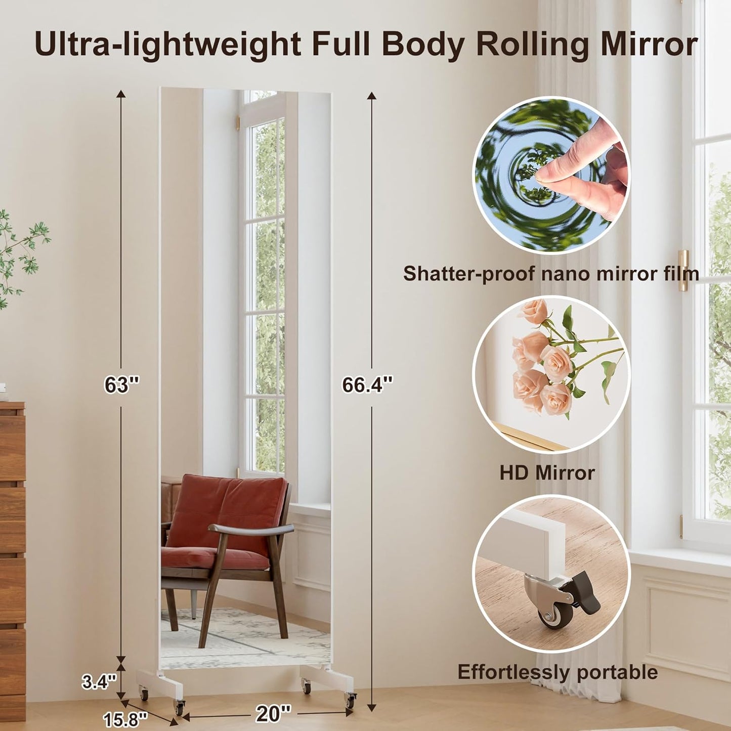 brisafe 67"x24" Ultra-Light Mobile Floor Mirror with 360° Wheels, 0.04mm Shatterproof Nano Film for Home Gym/Yoga/Dance Studio & Commercial Use | 60% Insurance Savings | Black