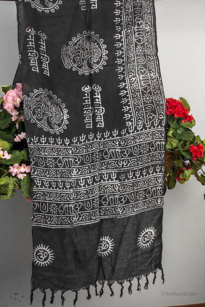 Tribe Azure Fair Trade Large Scarf Wrap Yoga Soft Cotton Mix Hand Printed Boho Bohemian White Black Yellow