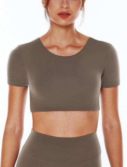 ENERBLOOM Open Back Workout Crop Tops for Women Backless Yoga Shirts Gym Short Sleeve Mild Support Compression Tee with Bra