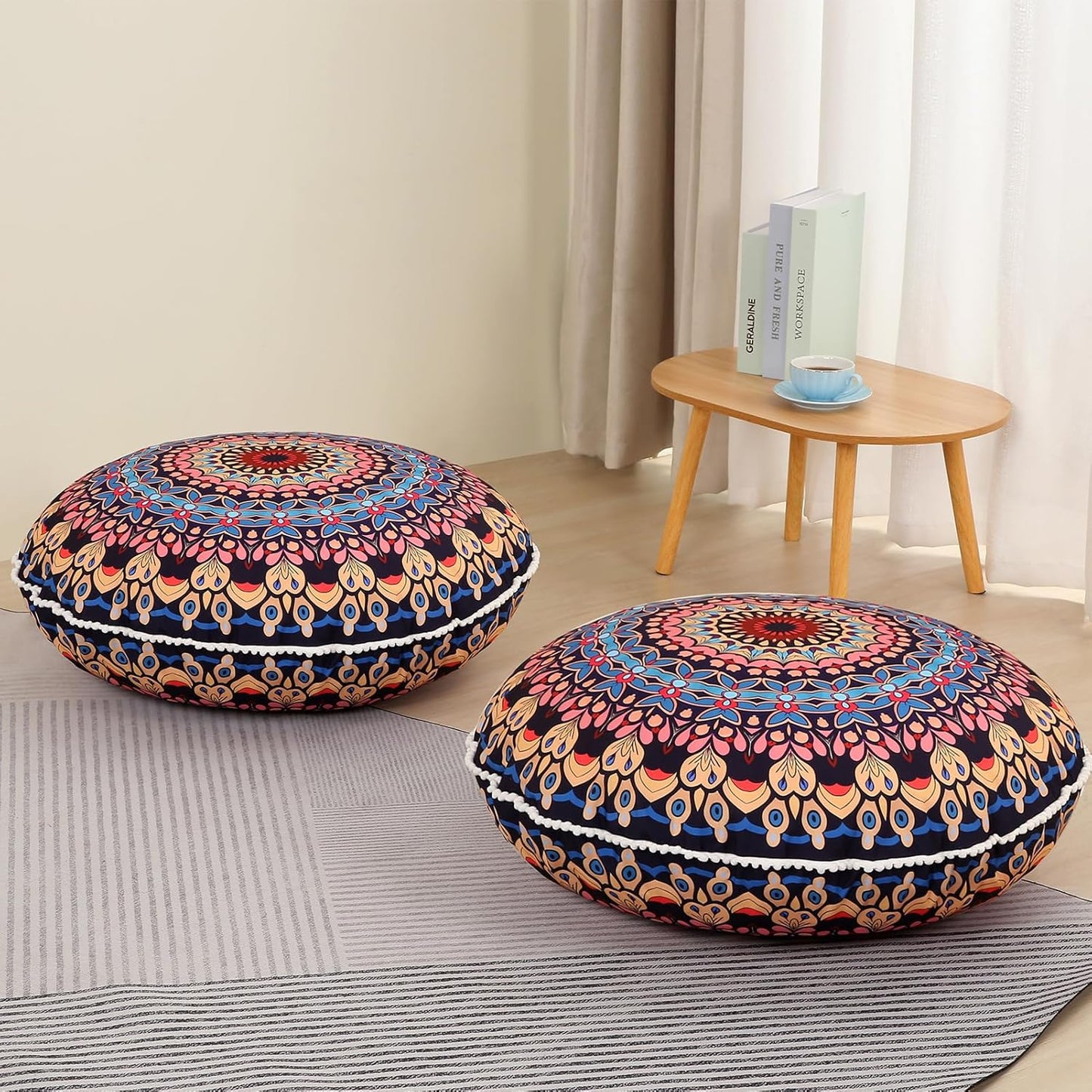 LOVMOC 32 Inch Round Floor Pillow for Adults, Large Thick Memory Foam Boho Mandala Meditation Floor Seating Cushion, Machine Washable for Living Room Outdoor Yoga Floor Sitting, Navy Blue