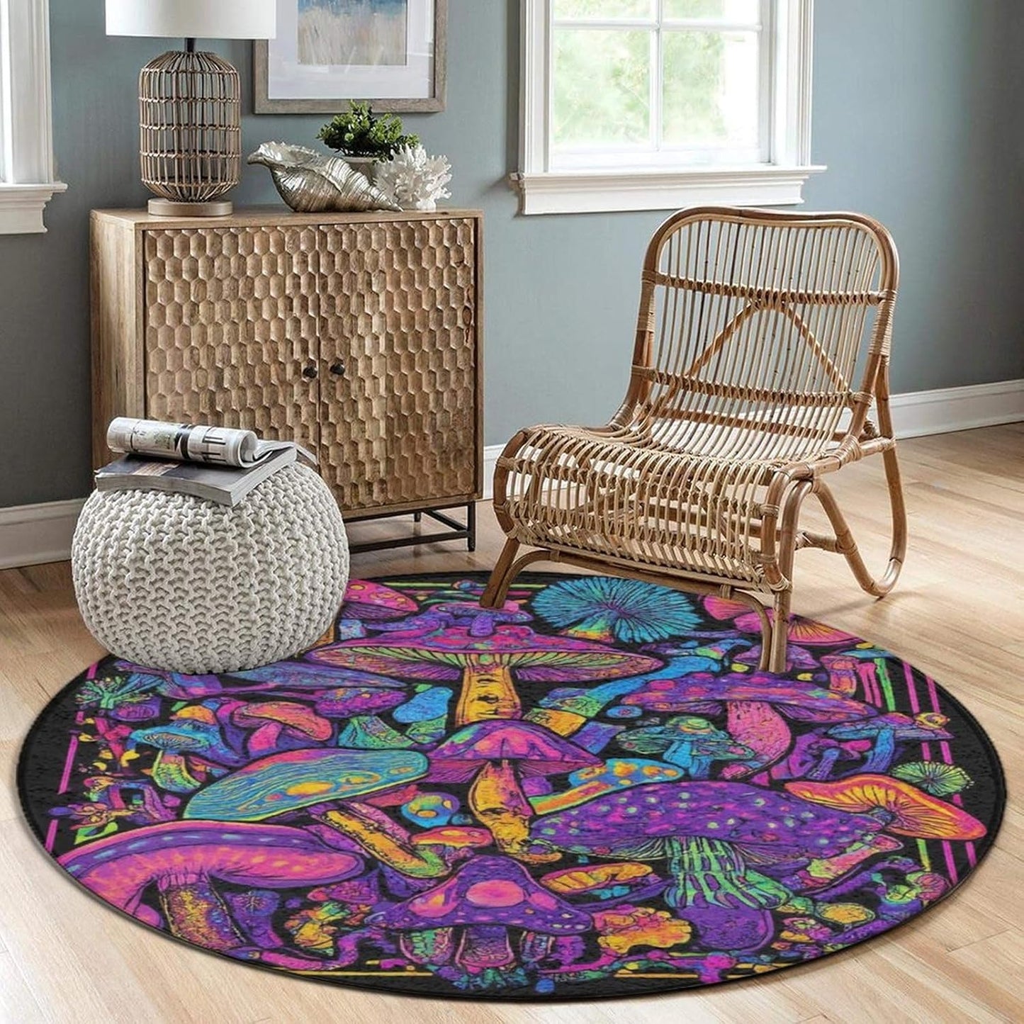 Machine Washable Modern Round Area Rug, Room Sofa Yoga Soft Round Carpet, Home Decor Non Slip Kitchen Office Circle Rug Trippy Rainbow Mushroom Tie Dye Art, 60inch