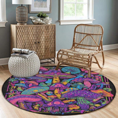 Machine Washable Modern Round Area Rug, Room Sofa Yoga Soft Round Carpet, Home Decor Non Slip Kitchen Office Circle Rug Trippy Rainbow Mushroom Tie Dye Art, 60inch