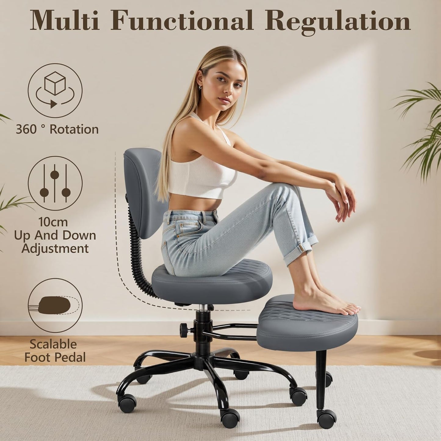 AtHope Ergonomic Cross Legged Office Chair with Wheels - Adjustable Height for Meditation, ADHD Desk & Yoga - Wide Criss Cross Design with Lumbar Support, Kneeling Chair - Black