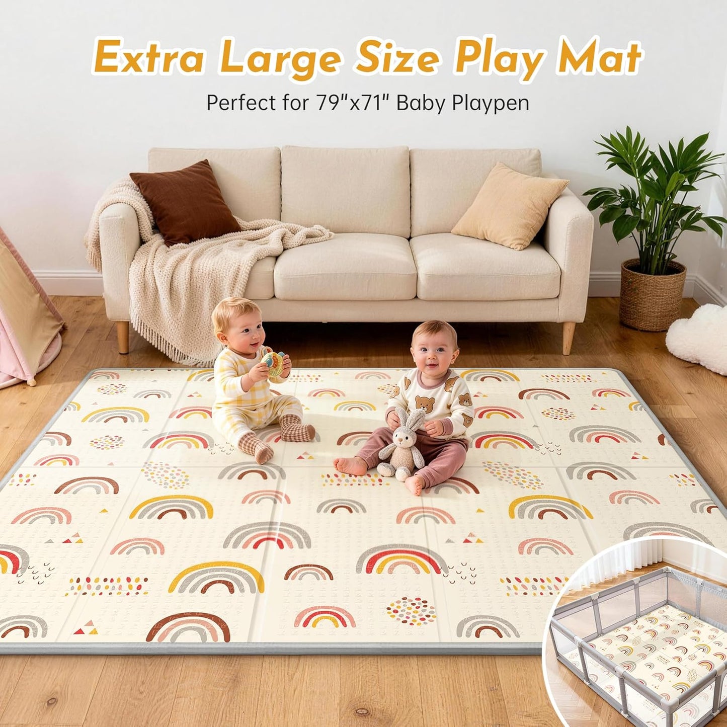 Extra Large Baby Play Mat 79x70, Foldable Baby Play Mat for Floor, Waterproof, Safe & Thick Playmats for Babies and Toddlers, Non-Slip Backing Safe for Crawling&Tummy Time, Indoor & Outdoor Use