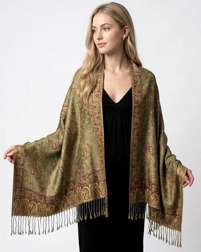 Achillea Reversible Paisley Pashmina Rave Scarf – Exotic Indian Shawls and Wraps for Evening Dresses, Festivals, All Seasons - Colors B