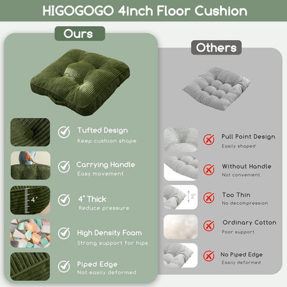 HIGOGOGO Floor Pillow Cushion for Adults, Meditation Cushion Pillow, Large Square Floor Sitting, Tufted Corduroy Cover, for Tatami Living Room or Yoga, 22x22 Inch, Dark Grey
