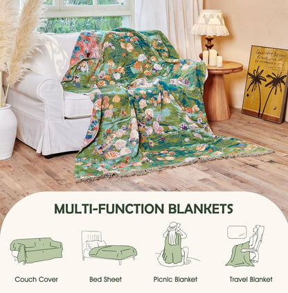 Boho Throw Blanket - 100% Cotton Soft Summer Throw Blanket for Bed, 50"x60" Reversible Breathable Lightweight Blankets, All Seasons Farmhouse Decor Floral Plant Butterfly Throw Quilt