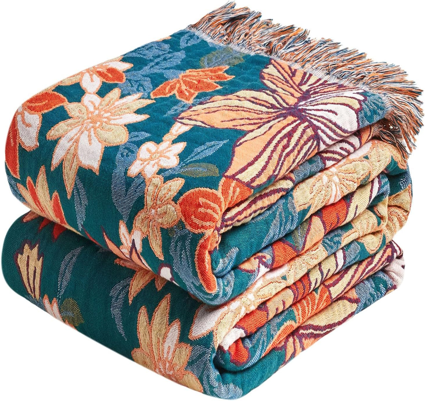 Boho Throw Blanket - 100% Cotton Soft Summer Throw Blanket for Bed, 50"x60" Reversible Breathable Lightweight Blankets, All Seasons Farmhouse Decor Floral Plant Butterfly Throw Quilt