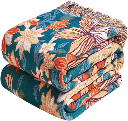 Boho Throw Blanket - 100% Cotton Soft Summer Throw Blanket for Bed, 50"x60" Reversible Breathable Lightweight Blankets, All Seasons Farmhouse Decor Floral Plant Butterfly Throw Quilt